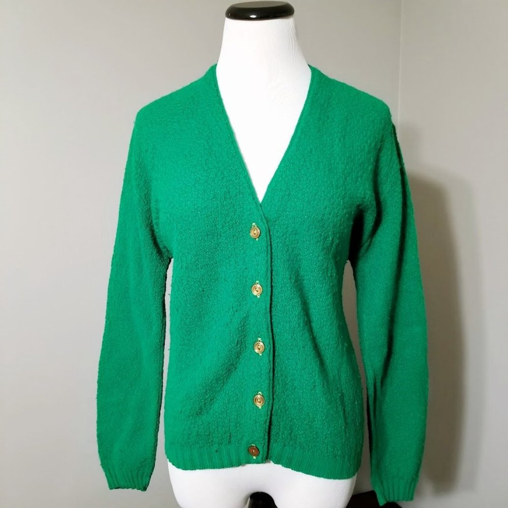 VINTAGE 60s PENNEYS Popcorn Knit Cardigan Sweater 40 Womens Green Boucle